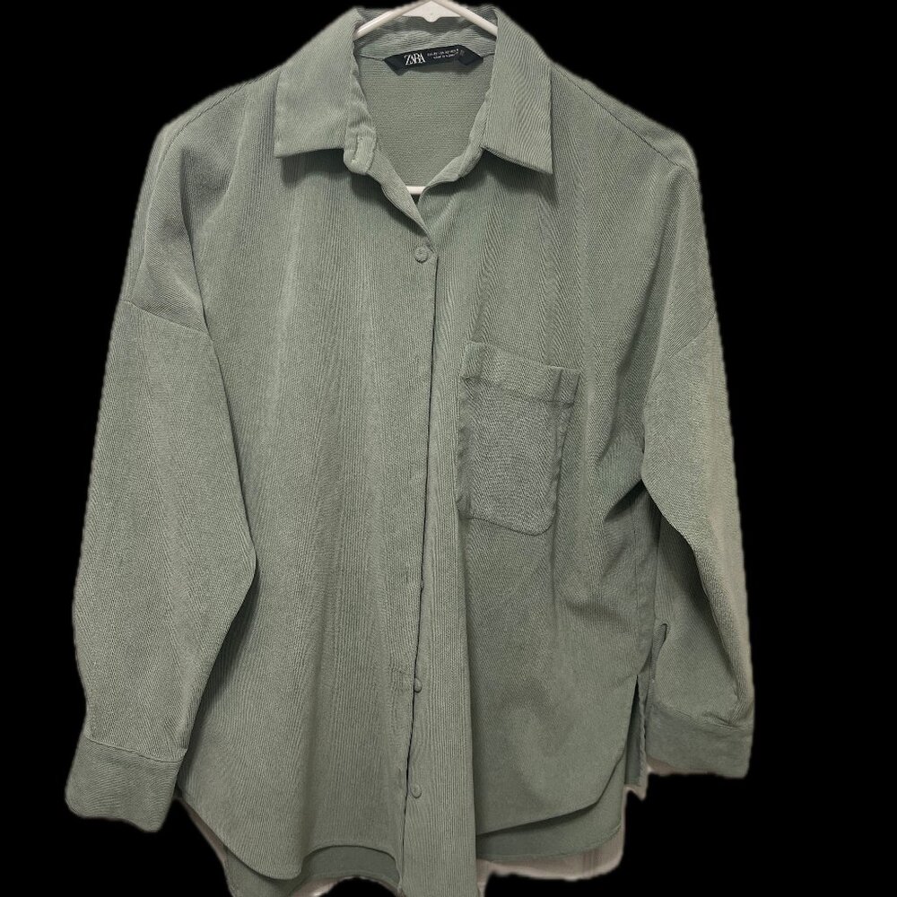 Zara Oversized Corduroy Button-Up Shirt in Sage Green